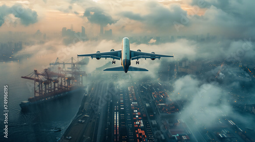 Passenger jet soaring through clouds on a business trip, transportation concept.