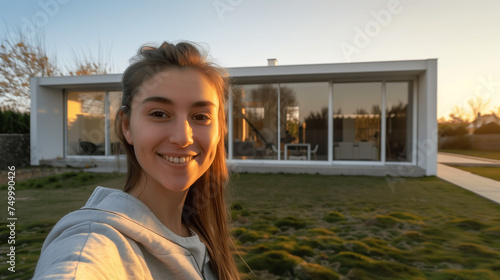 Jeune femme fait un selfie devant sa nouvelle maison moderne