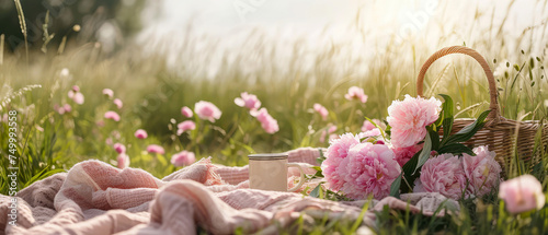 Picnic at blooming peonies meadow.Tablecloth on the grass in a park. Outdoors rest. Breakfast on the nature. Generative ai