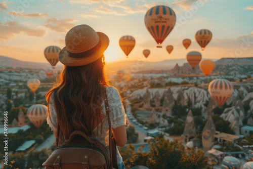 A traveler woman gazes at numerous hot air balloons floating over Cappadocia at golden hour