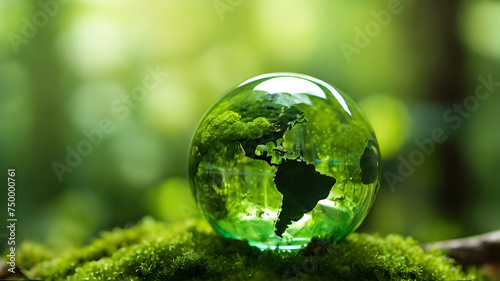 Earth transparent crystal glass globe with continents on moss in nature background. Energy resources, save environment, save green planet, ecology, energy saving concept. World Environment Day June 5