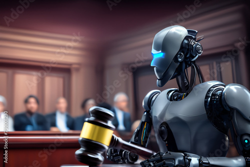 AI Lawyer chatbot. Robot lawyer in court. Robot generate content for advocate in court. Robot with Judge hammer in courtroom. AI Robot on chatGPT generated analytic for judge. Artificial Intelligence