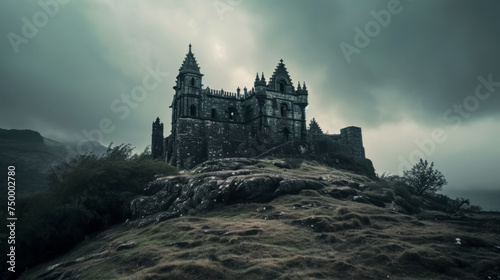 Sinister black haunted castle on rocky cliff
