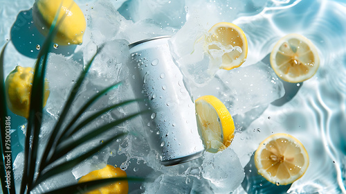 White drink can, hovering flying above the crystal clear water beside a gorgeous palm leaf.