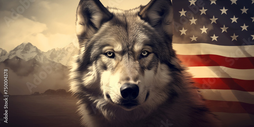 a portrait of a Timberwolf with the American flag and mountains in the background with room for copy in a Horizontal layout, in a Wildlife-themed, photorealistic illustration in JPG. Generative ai