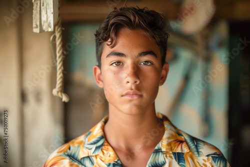 Hawaiian boy portrait, Hawaiian teen model, joyful demeanor, attractive features