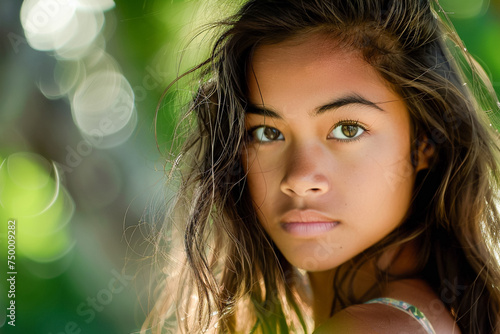 Hawaiian girl portrait, multicultural teenager, attractive features, happy expression