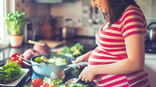 Pregnant woman cooking healthy food. Her maternal instinct infuses each dish with love and goodness.
