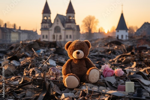 Plush toy positioned on the right side against a backdrop of destroyed buildings