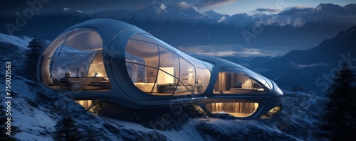 Luxury and modern tourist shelter, cottage in the mountains at night, banner. Generative Ai.