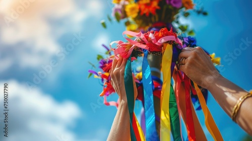 A close-up of hands intricately weaving colorful ribbons around a maypole, capturing the textures and vibrant colors of the ribbons against the backdrop of a sunny, festive day