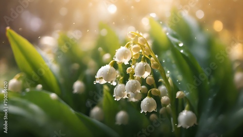 Lily of the valley flowers in morning dew, close-up macro photo