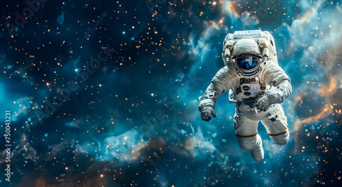 Floating Astronaut in Cosmic Space with Stars. International Day of Human Space Flight
