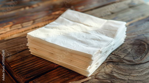 A stack of clean white paper napkins on the table. Design mockup of paper napkins with empty space for logo