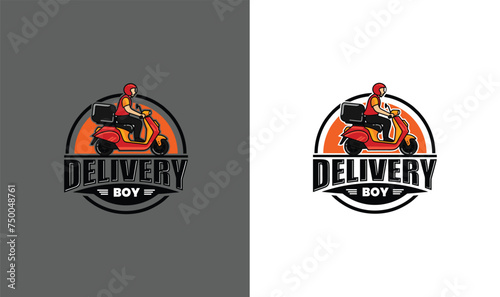 Fast delivery in flat style, Food delivery service The courier rides a motorbike with the goods. Delivery Courier Motorbike Logo, Scooter delivery esport Icon Symbol Vector Template