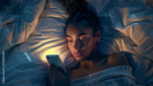 Teenager girl using smartphone in the bed at night