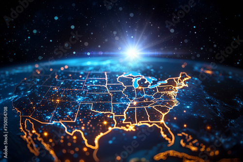 Abstract digital map of USA, concept of North America global network and connectivity, data transfer and cyber technology, information exchange and telecommunication