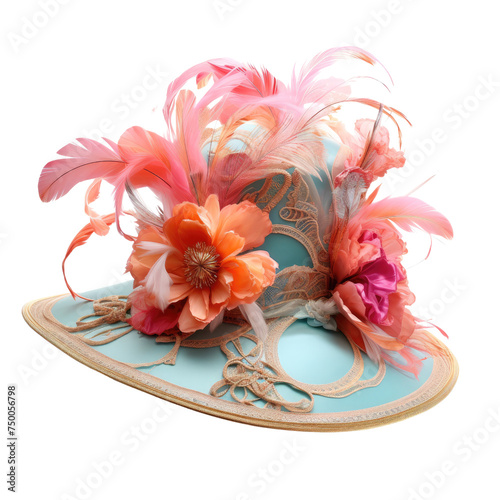 Elegant pastel blue ladies' hat adorned with a vibrant array of feathers and silk flowers, creating a charming accessory, Concept of spring fashion and Kentucky Derby style