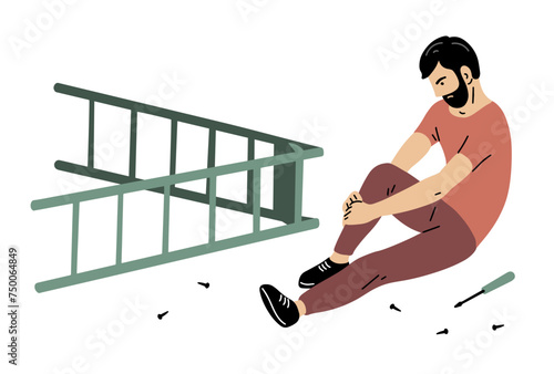 Man fell from the ladder. leg injury, bruise or fracture. Danger and carelessness at work. Vector illustration isolated on white background