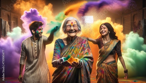  An elderly smiling woman in traditional Indian sara, sprinkles colored paints on the youth,surrounded by a cloud from colored paints.Colorful, Joyful Celebration of Holi Festival