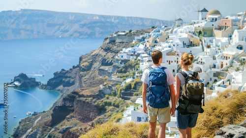 Hikers overlooking the caldera from Santorini, white buildings contrasting the blue sea