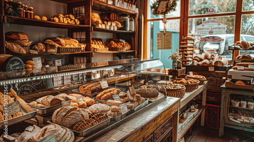 A bakery with a variety of breads and pastries on display. The atmosphere is warm and inviting, with a sense of abundance and variety