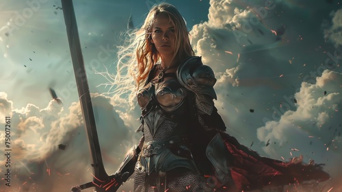 Beautiful female medieval warrior standing ready for battle Generated AI image