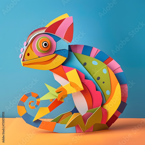 A vibrant and intricately designed paper chameleon sits against a striking blue backdrop. The chameleon is a riot of colors, with patches of red, yellow, blue, and green creating a playful representat