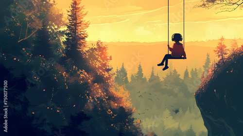 Illustration of a lonely boy on a swing, suspended high above a lush forest, portraying his isolation amidst stunning natural surroundings with headphones