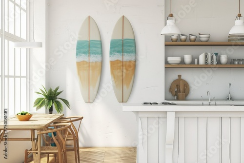 A kitchen room decorated with three surfboards hung vertically on a white horizontal ship lack wall.