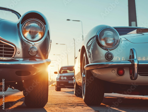 Classic Cars Basking in Golden Sunset Light on City Street