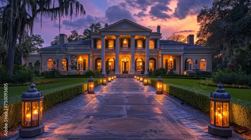 Twilight descends on a majestic Southern mansion, its walkway aglow with welcoming lanterns amidst lush gardens.