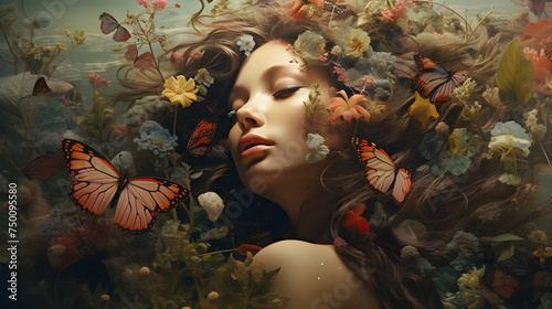 Close-up portrait of a woman with flowers and butterflies in her hair. Nature awakening concept. Spring girl