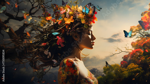  Portrait of a woman with flowers and butterflies in her hair. The concept of revival of life and awakening. Nature and man.