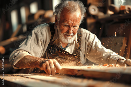 A woodworker with a focused expression gripping the saw firmly its With steady strokes , the Carpenter