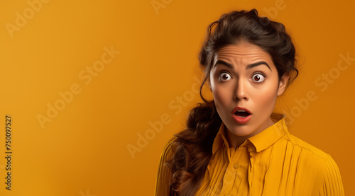 Portrait d'une belle femme brune surprise, étonnée, sur fond orange, image avec espace pour texte.