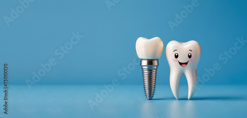 Two dental implant model of molar tooth as a concept of implantation teeth and dental surgery. 3d rendering illustration isolated on blue background, banner