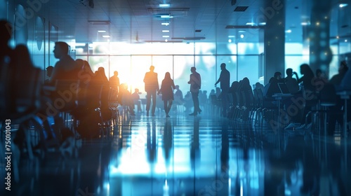 Travelers and professionals in silhouette at a bustling corporate airport terminal during evening hours.