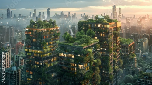 These urban residential towers are adorned with vertical gardens, integrating lush greenery into the cityscape and enhancing the skyline with sustainable living concepts.