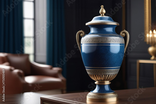 Cremation Urn for Ashes isolated in home luxury interior. urn funeral ashes