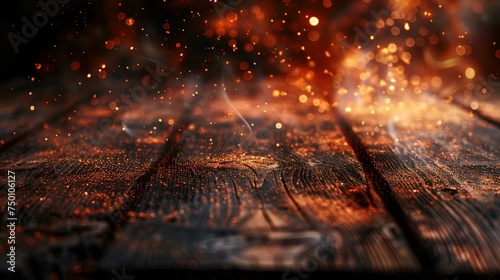 A wooden table with fire burning at the edge of it. There were fire particles, sparks, and smoke in the air. with flames on a dark background