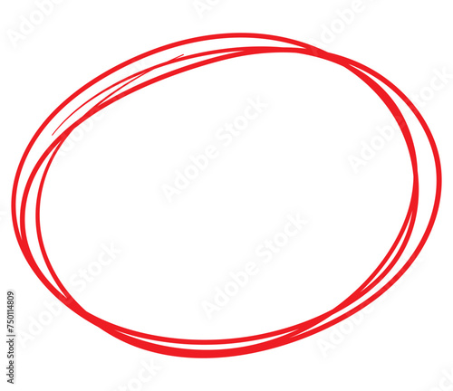 Red circle line hand drawn. Highlight hand drawing circle isolated on white background. Round handwritten circle. For marking text, note, mark icon, number, marker pen, pencil and text check, vector