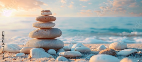 Stone tower Pebbles on the beach symbolize the balance of zen harmony. generative AI image