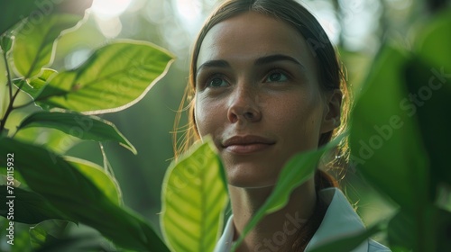 Thoughtful female biologist deeply immersed in observing the details of green foliage in a forest setting.