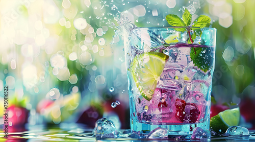 Glass of water with ice and bubbles on colorful bokeh background,Splash of cool fresh water with ice cube in the transparent glass cup in the table outoors in summer day,Cocktail with orange and ice
