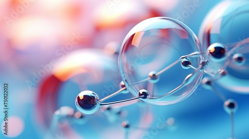A macro shot reveals the abstract glass molecule structure of liquid or air, depicted in a 3D render with depth of field.