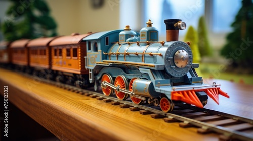 Capturing the charm of an old-fashioned commute, this toy railroad model boasts a locomotive and cars rolling along intricate miniature tracks.