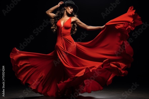 Passionate brunette woman in vibrant red tango dress elegantly dancing with captivating expression
