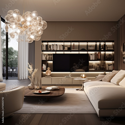 A modern living room with a cozy corner sofa, a wall-mounted media unit, and a contemporary chandelier