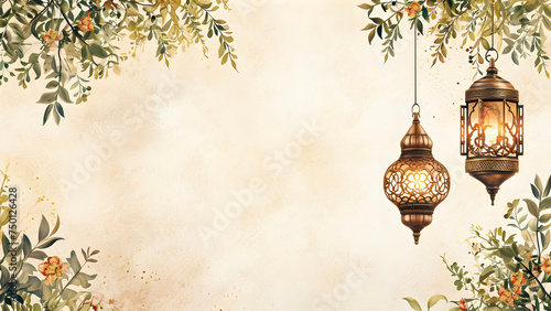 Decorated lanterns and leaves background illustration with copy space for vector use